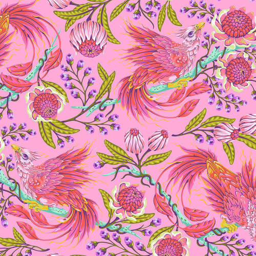 FreeSpirit Fabrics Legendary by Tula Pink Hot Wings Wildorchid Pink, vibrant floral and bird pattern featuring pink birds, orange flowers, green leaves, and purple accents on a pink background.