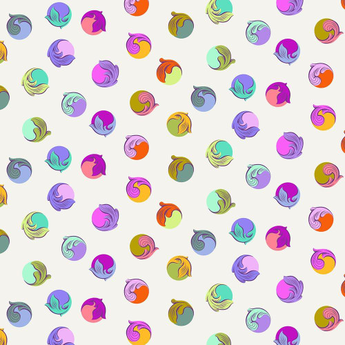 FreeSpirit Fabrics Legendary by Tula Pink Gumdrop Pearl Cream, colorful circular pattern with swirl and leaf designs on a cream background.