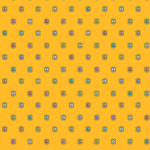 FreeSpirit Fabrics Legendary by Tula Pink Visionary Dandelion Yellow, colorful eye pattern fabric design with multiple eye illustrations on a yellow background.