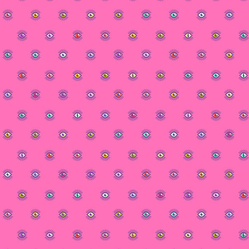 FreeSpirit Fabrics Legendary by Tula Pink Visionary Sugarplum Pink, colorful eye motif pattern on pink background.