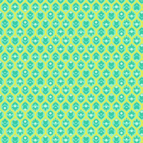 FreeSpirit Fabrics Legendary by Tula Pink Beg Your Garden Apple Green, vibrant floral pattern with stylized flowers and leaves in shades of green and yellow.