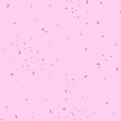 FreeSpirit Fabrics Legendary by Tula Pink Charmed Candy Pink, pink fabric with small whimsical motifs including stars, hearts, flowers, moons, and abstract shapes.
