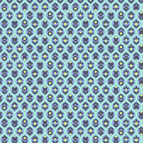 FreeSpirit Fabrics Legendary Cotton Lawn by Tula Pink Beg Your Garden Dream Blue, fabric with a detailed floral pattern in shades of blue, green, and yellow.