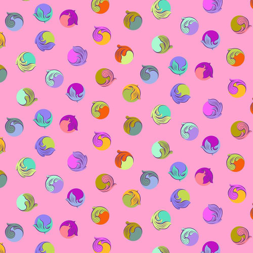 FreeSpirit Fabrics Legendary Cotton Lawn by Tula Pink Gumdrop Wildorchid Pink, a vibrant fabric design with colorful swirling floral patterns on a pink background.