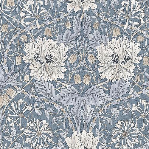 FreeSpirit Fabrics Modern 108 Inch Wide Quilt Back by William Morris Honeysuckle Tulip Indigo Blue, intricate floral pattern featuring large white tulips and delicate navy blue blooms on a deep indigo background.