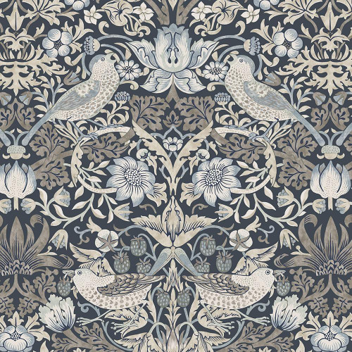 FreeSpirit Fabrics Morden by William Morris Strawberry Thief Charcoal Grey, intricate floral and bird pattern in shades of grey and beige on dark background.