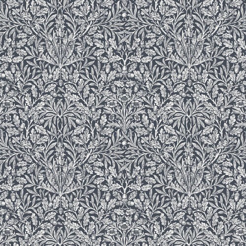 FreeSpirit Fabrics Morden by William Morris Pure Acorn Charcoal Grey, intricate floral and leaf pattern in white on dark grey background.