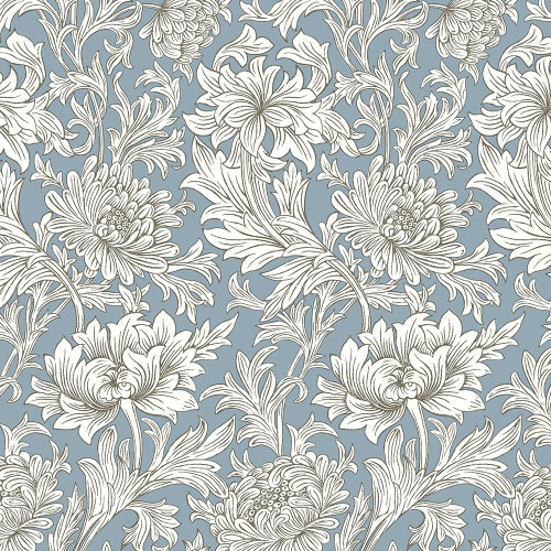 FreeSpirit Fabrics Morden by William Morris Chrysanthemum Tonal Blue, fabric pattern featuring intricate white floral and foliage design on a soft blue background.