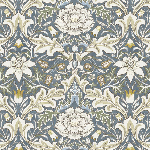 FreeSpirit Fabrics Morden by William Morris Severne Slate Blue fabric, featuring an intricate floral pattern with large white flowers, green leaves, and detailed line work on a slate blue background.