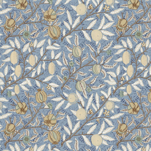 FreeSpirit Fabrics Morden by William Morris Fruit Blue, detailed botanical pattern with fruits and leaves in blue, beige, and white tones.