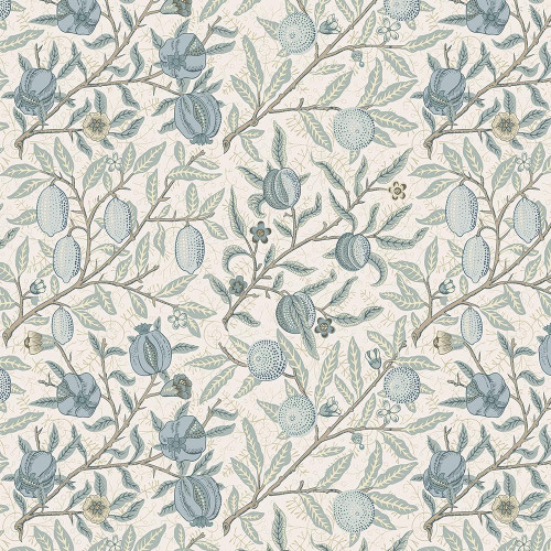 FreeSpirit Fabrics Morden by William Morris Fruit Mineral Grey, fabric featuring a detailed botanical pattern with fruit and flowers in shades of blue and grey on a light background.