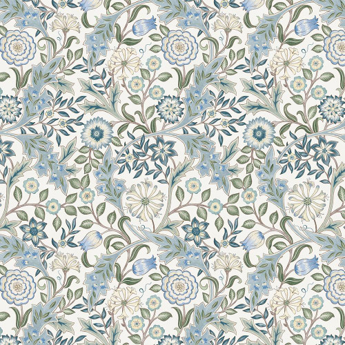 FreeSpirit Fabrics Morden by William Morris Wilhelmina Seascape Blue, floral print fabric with blue, beige, and green botanical design.