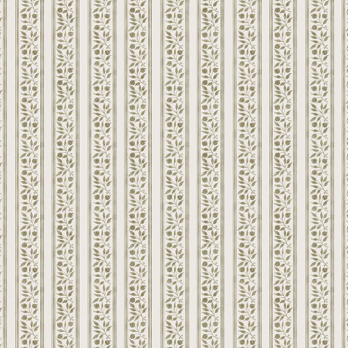 FreeSpirit Fabrics Morden by William Morris Rosehip Stripe Linen Cream, fabric with vertical stripe pattern featuring leaves and floral motifs in cream and beige tones.