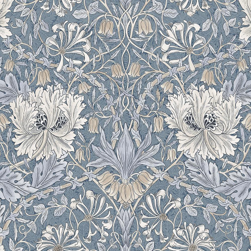 FreeSpirit Fabrics Morden by William Morris Honeysuckle and Tulip Indigo Blue fabric, intricate botanical pattern with large white flowers, tulips, honeysuckle, and foliage on a blue background.