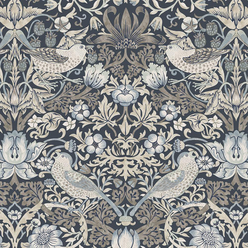 FreeSpirit Fabrics Morden Cotton Lawn by William Morris Strawberry Thief Charcoal Grey, fabric with a detailed floral and bird pattern in shades of grey and white on a dark background.
