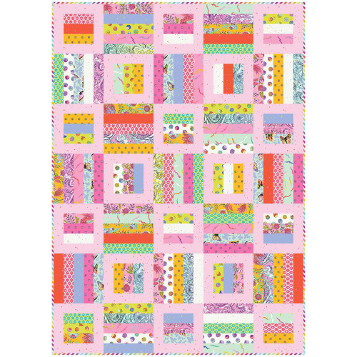 FreeSpirit Fabrics Legendary by Tula Pink Radio Way Quilt Kit, colorful quilt with various vibrant fabric patterns arranged in a grid design.