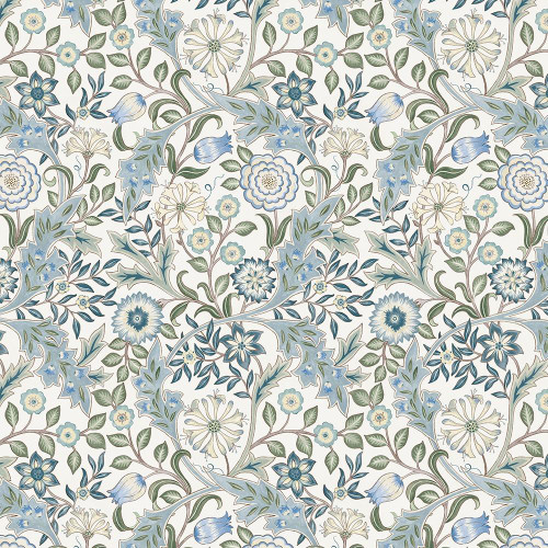 FreeSpirit Fabrics Morden Cotton Lawn by William Morris Wilhelmina Seascape Blue, floral design with blue, cream, and green intricate botanical pattern.