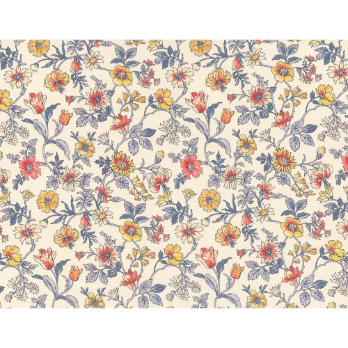 Liberty of London Fabrics Tana Lawn Bloom Serenade Tiger Lily Blue Yellow Orange, floral pattern with yellow, orange, and red flowers on a blue and cream background.