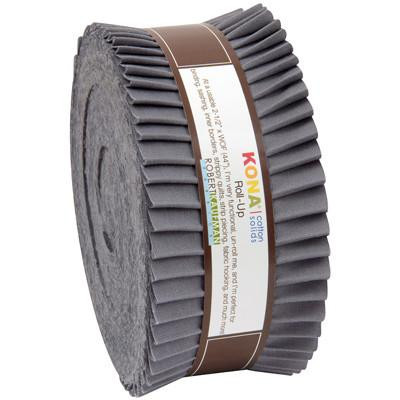 Robert Kaufman Kona Cotton Roll Up 41 Fabric Strips Coal, packaged cotton fabric strips rolled into a compact cylindrical bundle with a brown and white label.