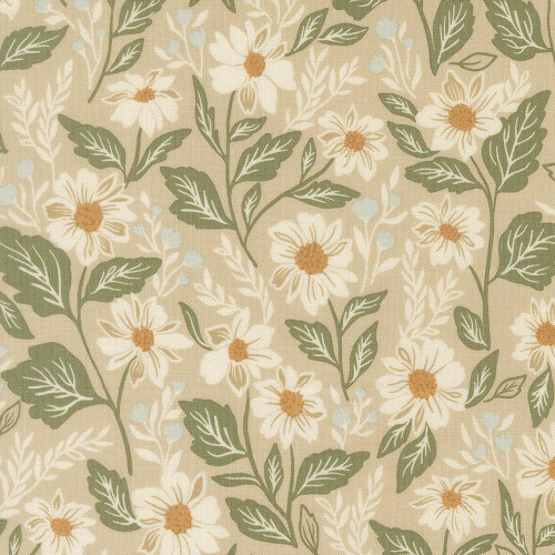 Moda Fabrics True Love Lella Boutique Romance Blooms Floral Oatmeal Brown, floral fabric pattern with white daisies and green leaves on a beige background.