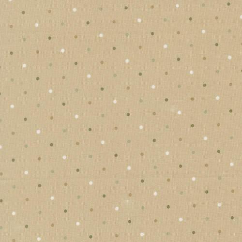 Moda Fabrics True Love Lella Boutique Magic Dot Oatmeal Brown, fabric with small white, green, and beige dots on oatmeal brown background.