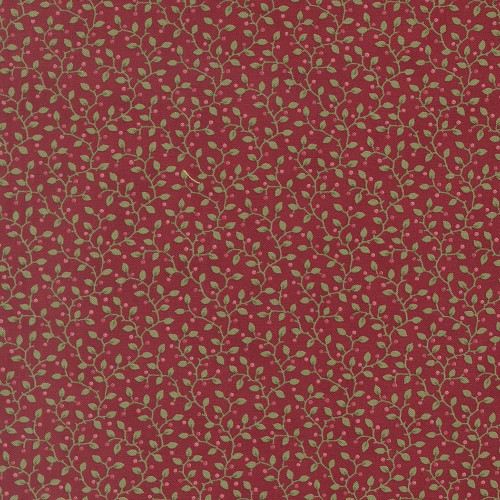 Moda Fabrics Candlelight Christmas 3 Sisters Festive Berry Vine Crimson Red, festive fabric featuring a red background with a green vine and berry pattern