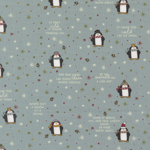 Moda Fabrics Chilly Sweetwater Mr Penguin Storm Aqua Blue, a festive fabric featuring cute penguins with scarves and hats, snowflakes, and holiday-themed quotes.