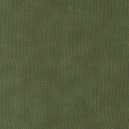 Moda Fabrics When Snow Falls Deb Strain Stocking Weave Stripes Holly Green, a green fabric with a repetitive stocking weave stripe pattern featuring holly leaves.
