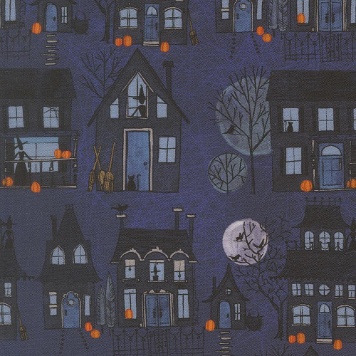 Moda Fabrics Coven Robin Pickens Witch Village Haunted Houses Midnight Blue, fabric featuring haunted houses, witches' houses, spooky trees, full moon, and pumpkins in a midnight blue background.
