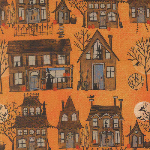 Moda Fabrics Coven Robin Pickens Witch Village Haunted Houses Pumpkin Orange