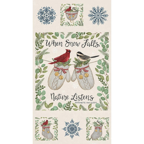 Moda Fabrics When Snow Falls Deb Strain When Snow Falls Panel 24 Inch Pan Snowy White Multi. Decorative panel featuring birds, snowflakes, and winter motifs with the quote 'When Snow Falls, Nature Listens'.