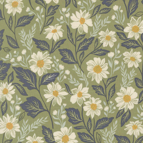 Moda Fabrics True Love Lella Boutique Romance Blooms Floral Fern Green, fabric with white daisies and dark green leaves on an olive green background.