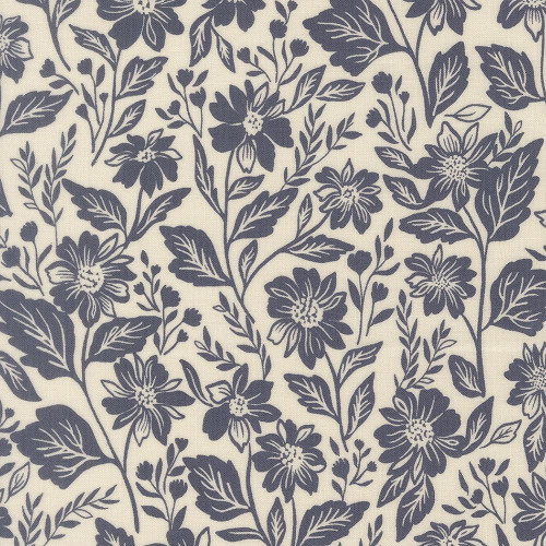Moda Fabrics True Love Lella Boutique Romance Blooms Floral Cream Blue, a fabric with a cream background and a detailed navy floral pattern.