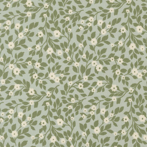 Moda Fabrics True Love Lella Boutique Daydream Posies Floral Robins Egg Aqua Blue, fabric with a green and white floral pattern of small leaves and white flowers.