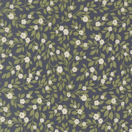 Moda Fabrics True Love Lella Boutique Daydream Posies Floral Twilight Blue, detailed floral print fabric with white flowers and green leaves on a twilight blue background.