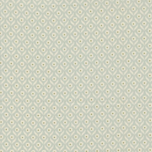 Moda Fabrics True Love Lella Boutique Wall Flower Floral Robins Egg Aqua Blue, fabric with a repeating geometric pattern of white interconnected shapes and small greenish floral dots on a light blue background.
