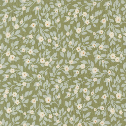 Moda Fabrics True Love Lella Boutique Daydream Posies Floral Fern Robins Egg Green, fabric with a floral pattern of white flowers with yellow centers and green leaves on an olive green background.