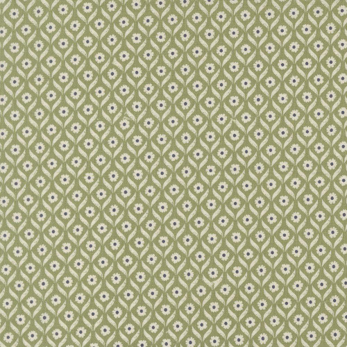 Moda Fabrics True Love Lella Boutique Wall Flower Floral Fern Green, fabric with a repeating pattern of small white flowers with purple centers on a green background.