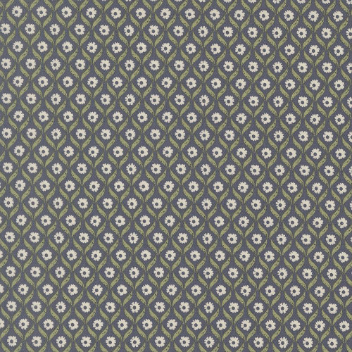 Moda Fabrics True Love Lella Boutique Wall Flower Floral Twilight Blue fabric, floral pattern with white flowers and green leaves on a twilight blue background.