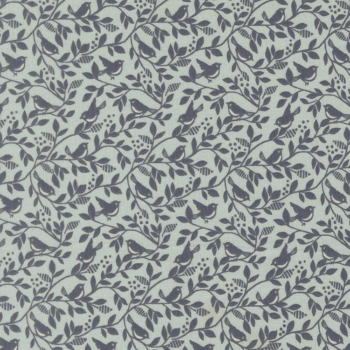 Moda Fabrics True Love Lella Boutique Birds of A Feather Blue Twilight Aqua Blue, fabric with a bird and branch pattern in shades of blue and gray.