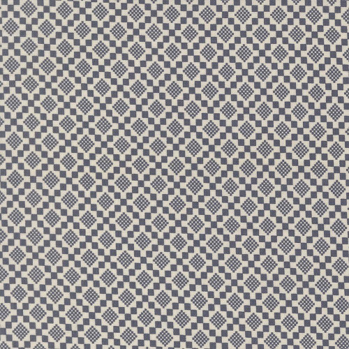 Moda Fabrics True Love Lella Boutique Checkmate Twilight Blue, geometric checkered fabric pattern in shades of blue and white.
