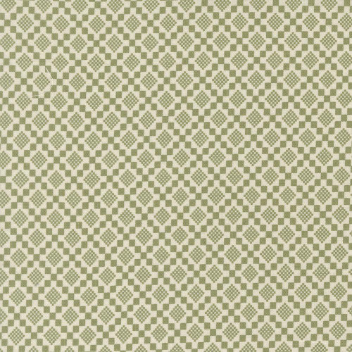 Moda Fabrics True Love Lella Boutique Checkmate Fern Green, fabric with a geometric checkered pattern in shades of fern green and white, perfect for quilting or crafting projects.