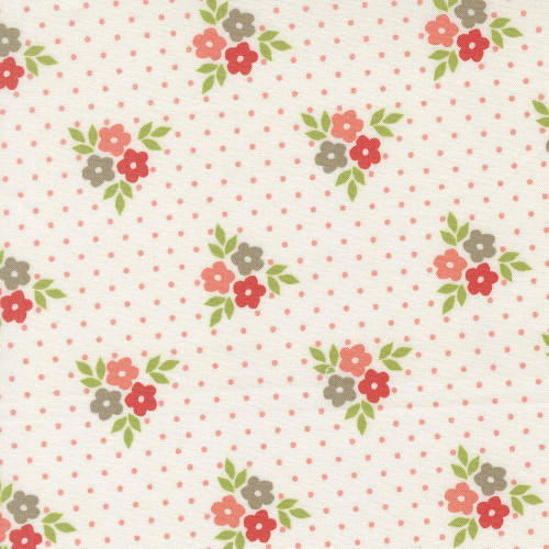 Moda Fabrics Poinsettia and Pear Sherri & Chelsi Bouquet Floral Cloud Cream, floral patterned fabric with small pink and gray flowers, green leaves, and pink polka dots on a cream background.