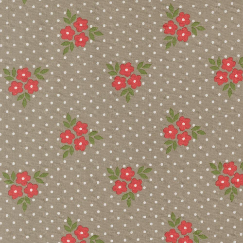 Moda Fabrics Poinsettia and Pear Sherri & Chelsi Bouquet Floral Stone Grey, fabric with red flowers and green leaves on a grey background with white polka dots.