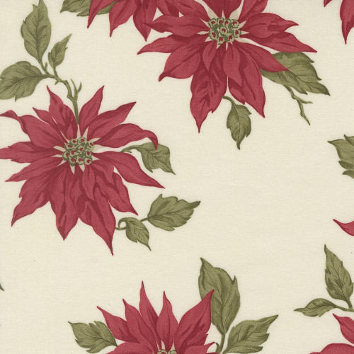 Moda Fabrics Candlelight Christmas 3 Sisters Poinsettia Floral Cream Multi, festive poinsettia floral pattern with red flowers and green leaves on a cream background.