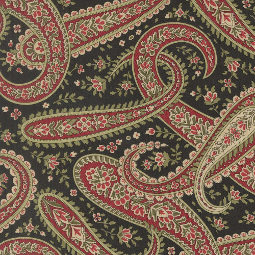 Moda Fabrics Candlelight Christmas 3 Sisters Plaza Paisley Ebony Black, intricate paisley fabric pattern with red, green, and beige floral details on a black background.