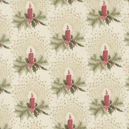 Moda Fabrics Candlelight Christmas 3 Sisters Candlelight Cream Multi, festive holiday fabric with candle and holly leaf pattern in cream, red and green colors.