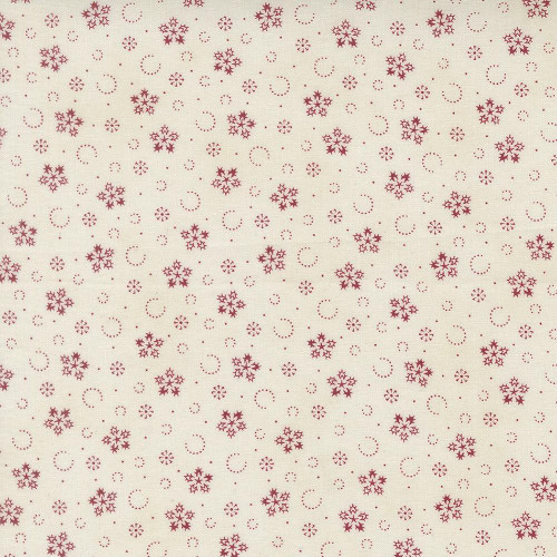 Moda Fabrics Candlelight Christmas 3 Sisters Festive Flurries Snowflakes Cream Red, fabric with red snowflake and flurry pattern on cream background.
