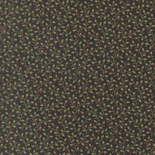 Moda Fabrics Candlelight Christmas 3 Sisters Festive Berry Vine Ebony Black, a fabric with a black background decorated with a pattern of olive-green vine and leaf motifs with small red berries, suitable for holiday quilting and craft projects.