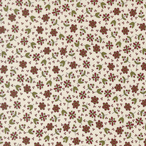 Moda Fabrics Chilly Sweetwater Christmas Flowers Flowers Vanilla Cream, floral fabric with red, green, and cream-colored Christmas-themed flowers and leaves pattern.
